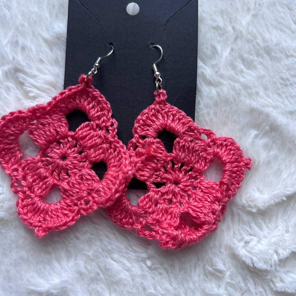 Pink Women's Crochet Granny Square Earrings Boho‎ Handmade Statement Dangle NEW
